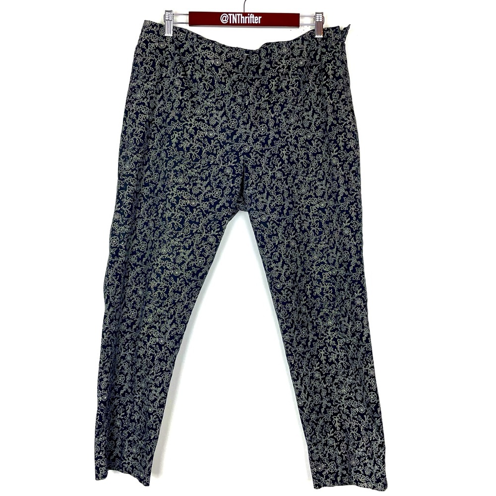 J Jill Women’s Pull On Allover Floral Printed Pants Size 14 Black White Casual